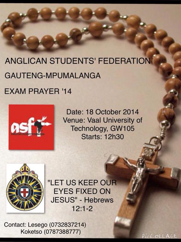 ASF_GPMP's tweet photo. New #ExamPrayer14 poster with the venue changes @ANSOC_VUT @Ansoc_Wits @AnsocNWU_Vaal @Ansoc_Tuks @ANSOC_UJ 👌🙏 http://t.co/A1p4DgyspS