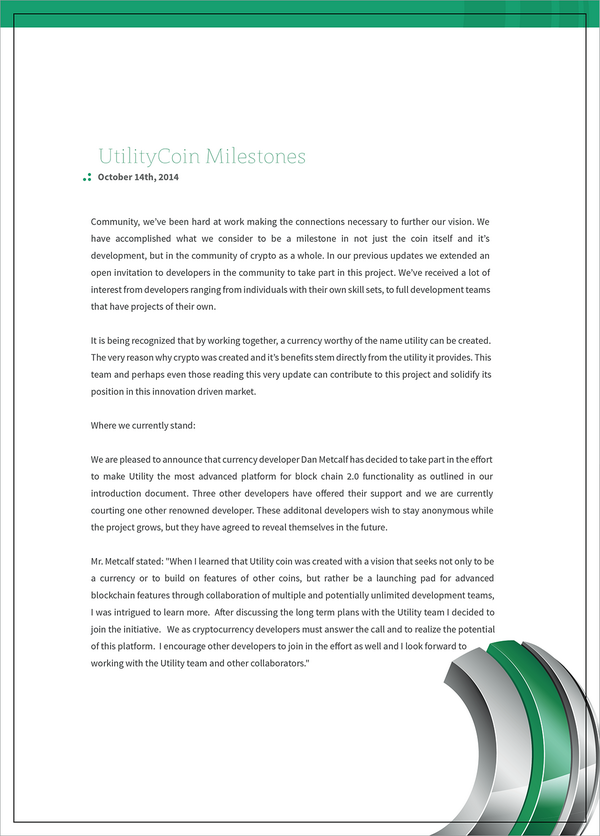 #UTIL Milestones and developer welcoming statement. @ATCSECURE has agreed to join our team and help build our goals.