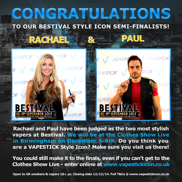VAPESTICK's tweet photo. Congrats to our #Bestival2014 #VapestickIcon semi-finalists Rachael Williams & Paul Knops http://t.co/egGHqHWZbs http://t.co/ZIASPRu7ib