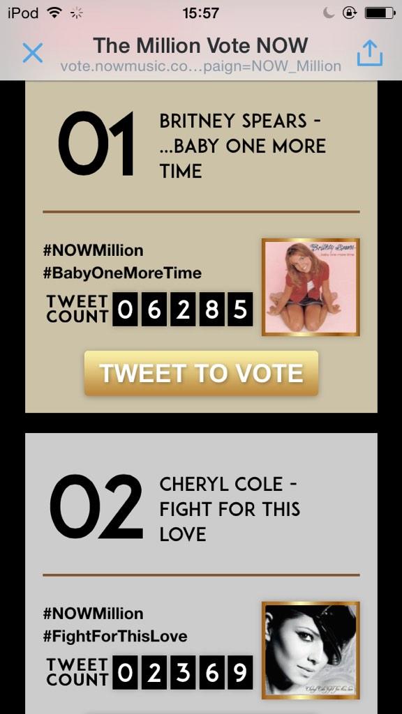 CherylDaily's tweet image. We need to vote more! BRITNEY is the lead! Please RT to spread the word and tweet #NOWmillion #FightForThisLove!