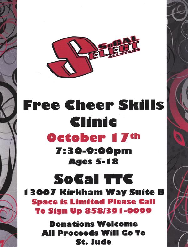 SoCalTTC's tweet photo. FREE Cheer Skills Clinic! Call to sign up! 858-391-0099 #cheer #cheerleading #gymnastics #SanDiego #cheerpractice http://t.co/vvUk8NgzPJ