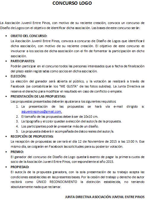 AsjuEntrepinos's tweet photo. ¡¡POR FIN HA LLEGADO EL PRIMER CONCURSO!!
CONCURSO DEL LOGO
Aquí os dejamos las bases chic@s animaros a participar!! http://t.co/RSt9g75sPe