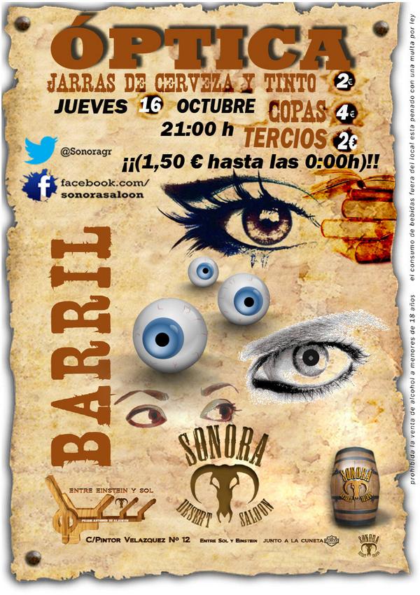 fiestasopticaug's tweet photo. Confirmamos:JUEVES 16 Octubre, A partir de las 21:00 BARRIL DE ÓPTICA EN EL SONORA @Sonoragr .+INFO durante la semana http://t.co/LdzpIulhx2