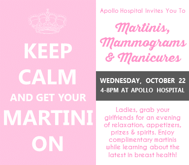 Grab your girlfriends &amp; join us for Martinis, Mammograms &amp; Manicures on 10/22 @ Apollo! #BreastCancerAwareness
