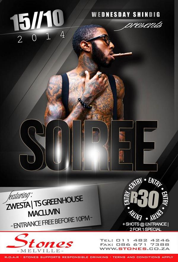 2 days left for another Wednesday Shindig event SOIREE <a href="/StonesMelville/">#ShakedownThursday</a> ft <a href="/TS_GreenHouse/">Thebe Samuel</a> ,<a href="/Dj_Macluvin/">DJ Macluvin</a> and Dj Zwesta