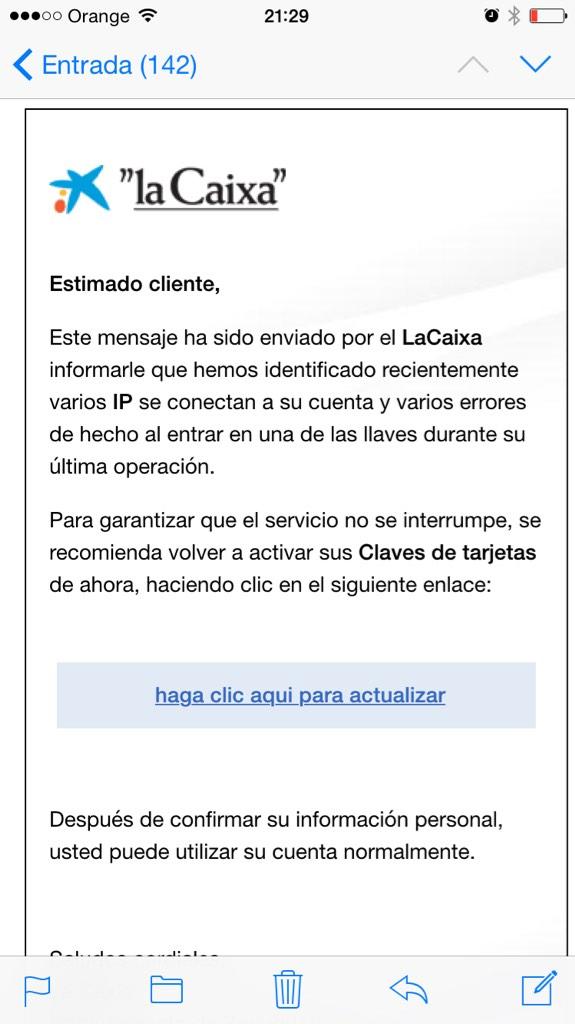 policia's tweet photo. Sea tu banco o no, NO DES TUS CLAVES ante estos mails, NUNCA #PHISHING RT @ulvear: @policia ahí va http://t.co/sOXuXs1fW9