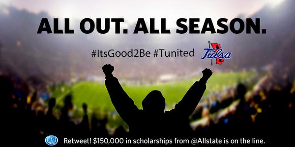 TulsaHurricane's tweet image. Show @Allstate why #ITSGOOD2BE #TUNITED by retweeting this tweet. We can earn up to 150K in scholarships!