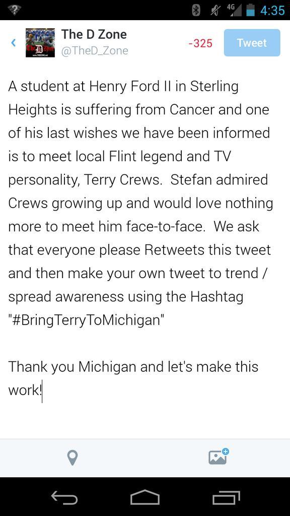 TheD_Zone's tweet photo. We need the help of our Followers to grant one last wish. RT to trend and read the statement! #BringTerryToMichigan http://t.co/hn1lGEtJMn