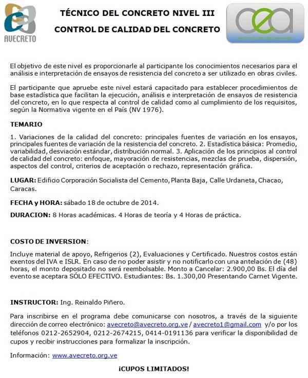 AVECRETO's tweet image. CURSO DE TÉCNICO DEL CONCRETO NIVEL III CONTROL DE CALIDAD DEL CONCRETO. Sábado 18 de octubre de 2014