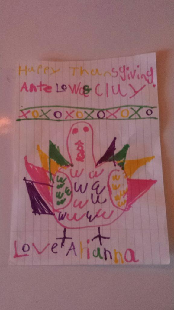 1MsBaird's tweet photo. Adorable card from my niece ♡ #Thanksgiving #smartkid #soundingitout #colourfulturkey http://t.co/InzqD48RVf