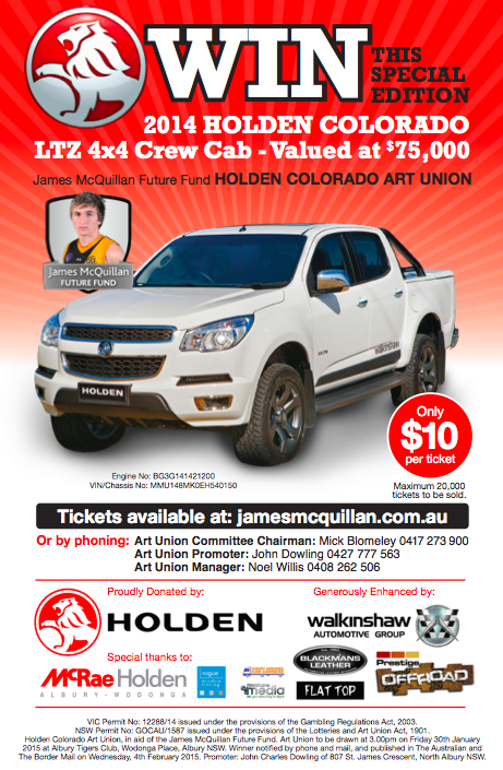 Tickets still available from jamesmcquillan.com.au for the 100% donated Holden Colorado. <a href="/EssendonFC/">Essendon FC</a> <a href="/bordermail/">bordermail</a>