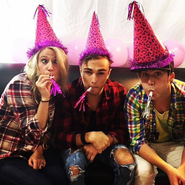 TheKelseyGrimm's tweet photo. The 3 plaid-cateers. With party hats. Kazoos. @calebgrimm @josephstamper ESCAPE IS OUT!! @anthemlights #escaperecord http://t.co/u8s2ESPVBN