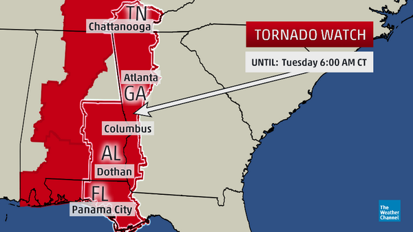 weatherchannel's tweet photo. JUST IN: #Tornado watch until 7am EDT (6am CDT) parts of TN, AL, FL, GA (including #ATL). http://t.co/aHRNsaweLL http://t.co/81jyKtrTnk