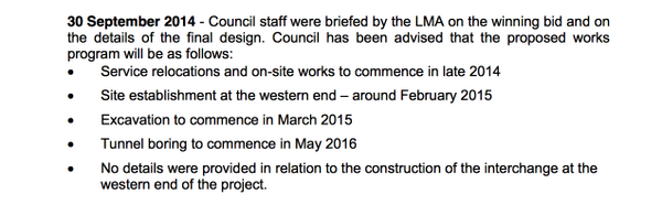 KellyaAndrew's tweet photo. Proposed schedule of #EWLink works as given to @mooneevalleycc by @LinkingMelb. Pre-election #TunnelPicket or not?. http://t.co/2upjwc49F8