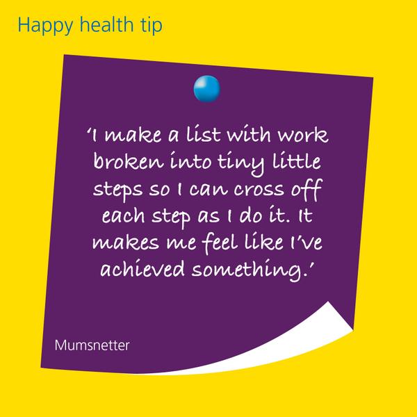 AvivaUK's tweet photo. Feeling overwhelmed with work? We asked Mumsnetters to share their #happyhealthtips on minimising daily stress http://t.co/OK0ZaTp6h0