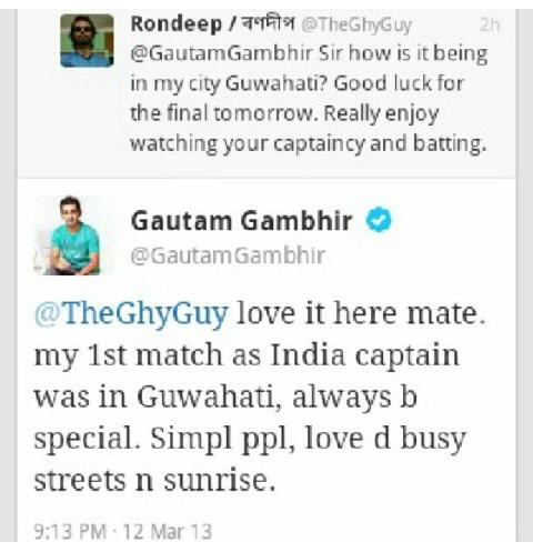 Happy Birthday Gautam Gambhir Ji, wishing health & happiness. Screenshot of an old reply.  