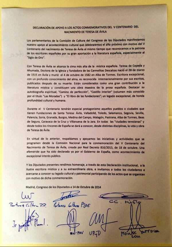 .Presidente Congreso acaba de leer la declaración de apoyo a las Ciudades Teresianas.V cent.nacimiento Teresa Jesús