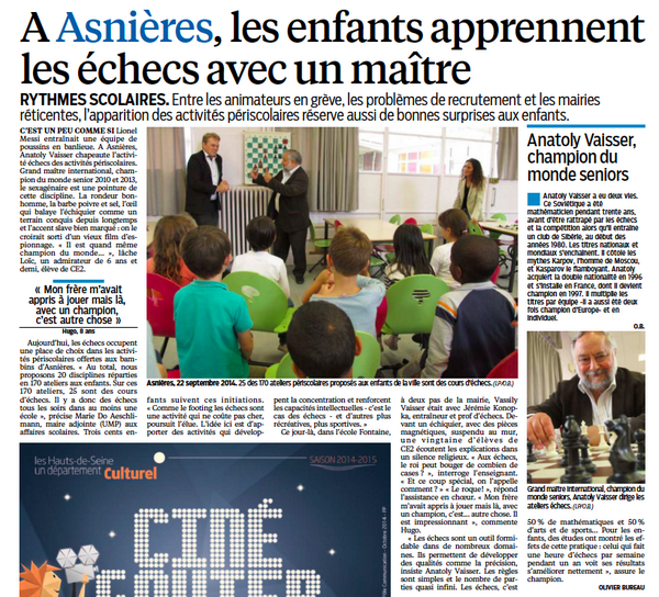 Ville_Asnieres's tweet photo. Les ateliers d'#échecs d'#Asnières à l'honneur dans @LeParisien_92 #rythmesscolaires  @MDoAeschlimann http://t.co/gV8IEpX1dl