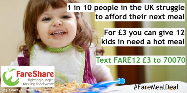 For just £3 you can help us feed 12 kids in need. Text  FARE12 £3 to 70070 #FareMealDeal #WorldFoodDay