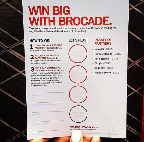Brocade's tweet image. Visit us &amp;amp; our partners at #VMworld @INFINIDAT @NimbleStorage @PureStorage for a chance to win a GoPro! #HelloBrocade