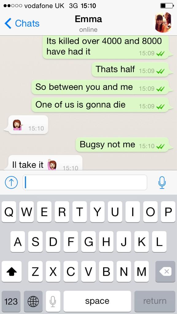 bowen_x's tweet photo. @EmmaHow91 the only person i know who would volunteer themselves to Ebola 💀 http://t.co/eQk2rtIdRJ