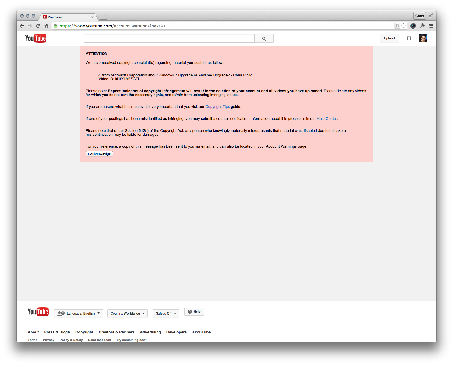 YouTube copyright strike notice