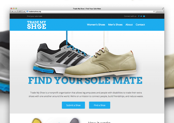 user10's tweet photo. New #website for @seedspot alum &amp; phx #nonprofit @trademyshoe. Great cause helps leg amputees find their #solemate. http://t.co/a47HmbI9X7
