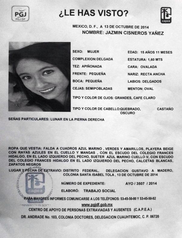 Vía @CiberneticaCDMX: solicita su apoyo para localizar a la menor Jazmín Cisneros Yañez . Extraviada #GAM #DF #CDMX