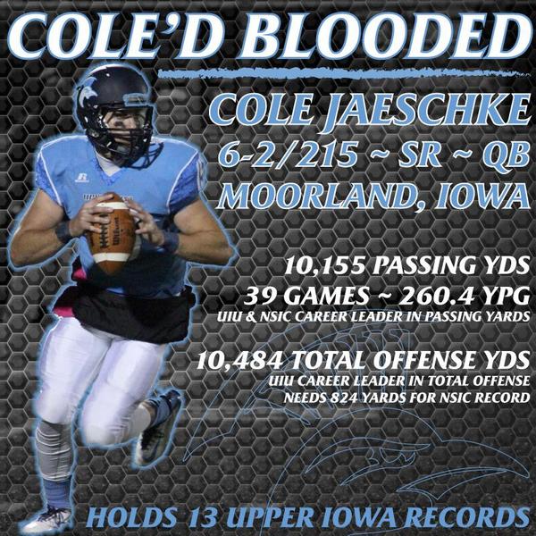 Peacock Athletics (@uiupeacocks) on Twitter photo <a href="/c_jaeschke15/">Cole Jaeschke</a> is 1 of the <a href="/NorthernSunConf/">NSIC</a> all-time great passers! <a href="/UIU_Football/">UIU_Football</a> vs <a href="/WSUWarriors/">55987Win</a> at home Sat. at 6 <a href="/c_jaeschke15/">Cole Jaeschke</a> is 1 of the <a href="/NorthernSunConf/">NSIC</a> all-time great passers! <a href="/UIU_Football/">UIU_Football</a> vs <a href="/WSUWarriors/">55987Win</a> at home Sat. at 6