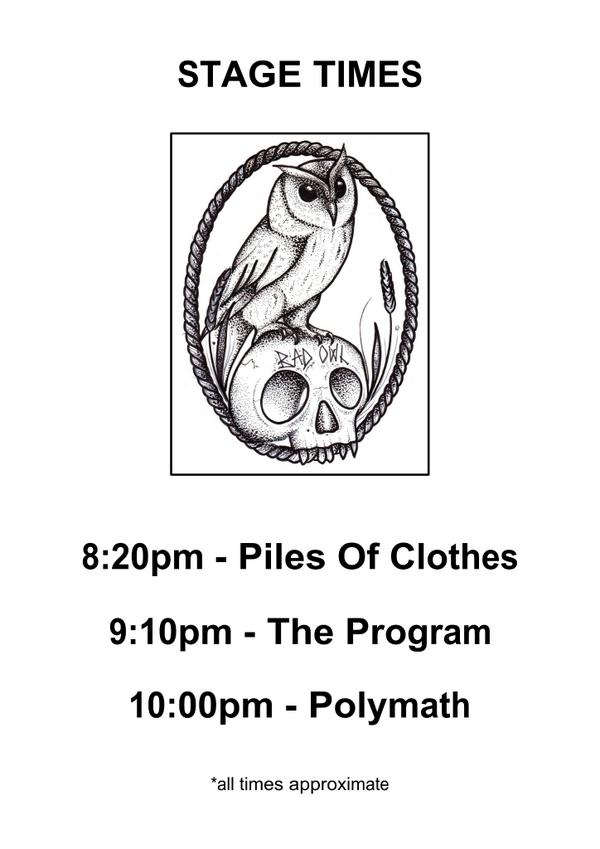 Bad Owl (@badowlpresents) on Twitter photo Stage Times for tomorrow's Leeds show at Fox & Newt w/ <a href="/polymathrock/">Poly-Math</a>, <a href="/TheProgramband1/">The Program</a> & <a href="/Pilesofclothes/">Piles of Clothes</a>
FREE SHOW! Stage Times for tomorrow's Leeds show at Fox & Newt w/ <a href="/polymathrock/">Poly-Math</a>, <a href="/TheProgramband1/">The Program</a> & <a href="/Pilesofclothes/">Piles of Clothes</a>
FREE SHOW!
