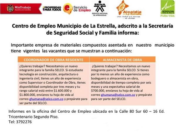 AlcaldEstrella's tweet photo. Empresa del municipio de La Estrella busca Coordinador de obra residente y almacenista de obra #TrabajoSiHay http://t.co/4hChOqtBqp