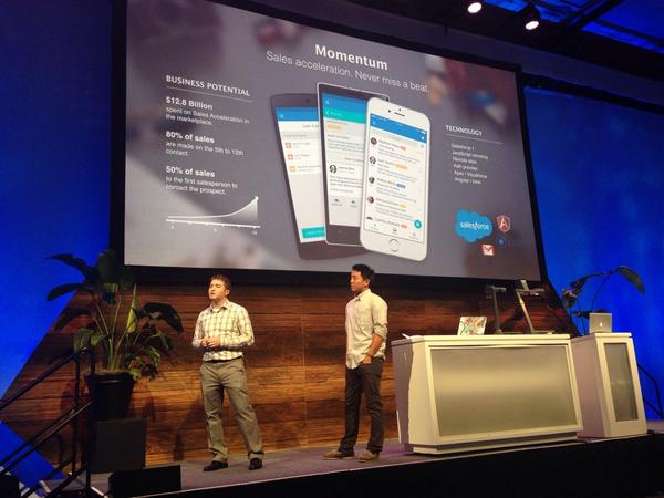 SalesforceDevs's tweet photo. Check out the #dfhack team Momentum answering the judges questions. Now up: FXR! http://t.co/nTQFZpCSbk