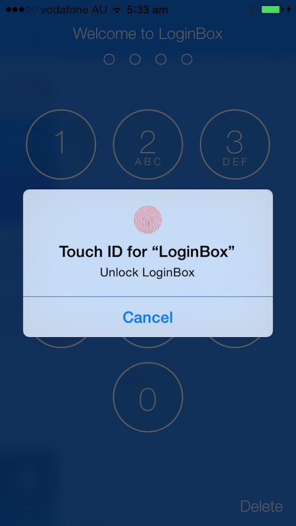 LoginBoxApp's tweet photo. Our new #iOS8 Touch ID screen. Get it on the @AppStore http://t.co/rPnunNRGbA