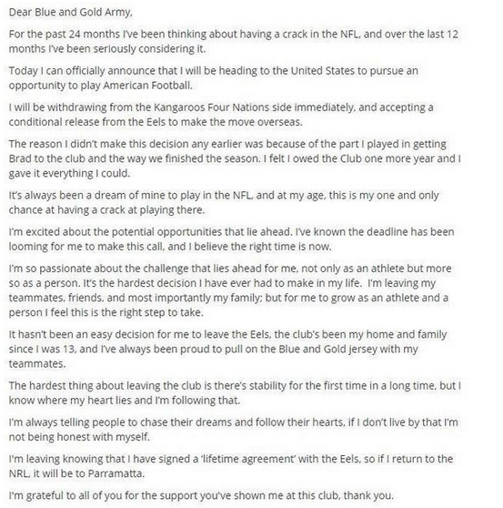 9NewsSyd's tweet photo. JUST IN: @jarrydhayne_1 has announced he is leaving the @NRL and the @TheParraEels to join the @NFL. #9News http://t.co/CfasqhaB1p
