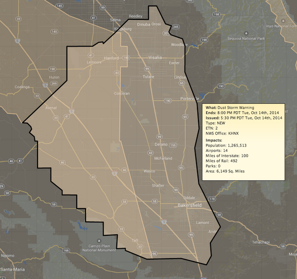 BuzzFeedStorm's tweet photo. Dust storm warning issued for parts of California’s Central Valley until 8 pm PT; visibility may near zero #drought http://t.co/4DjD4fuMCL