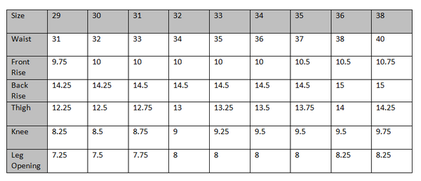 Chino Size Chart