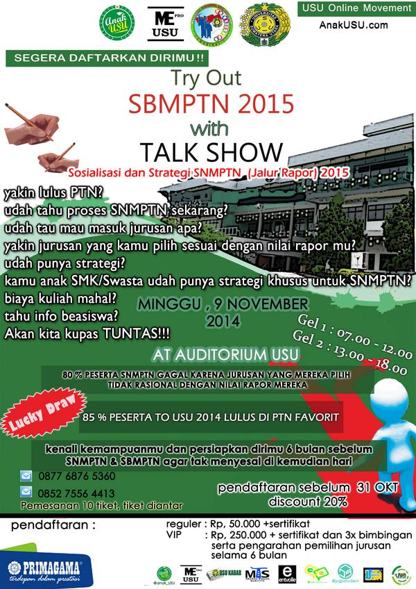 Hari terakhir pendaftaran #USUTryOut adek2 SMA yg belum daftar, hub skrg 085275564413 pesan 10 tiket, tiket diantar
