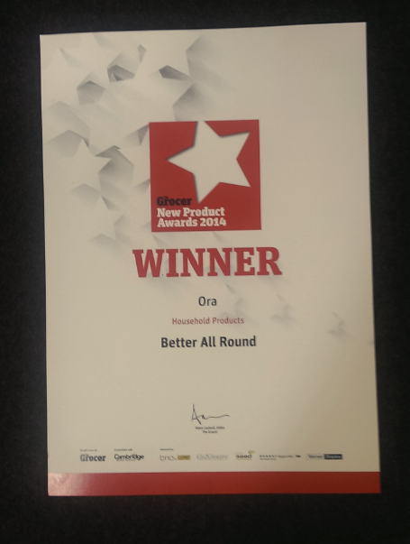 Ora_Home's tweet photo. Our certificate for @TheGrocer household product of the year hath arrived! GET IN #ThatsRight #SmugFace #NPA14 http://t.co/kBEFdg07Ta