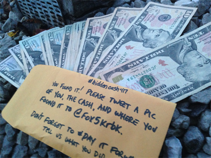 OzarksFOXAM's tweet photo. $500 has been dropped.  It's somewhere in Springfield.  Hints will begin around 11am #hiddencash417 #SGF http://t.co/GlNk3dQHz8