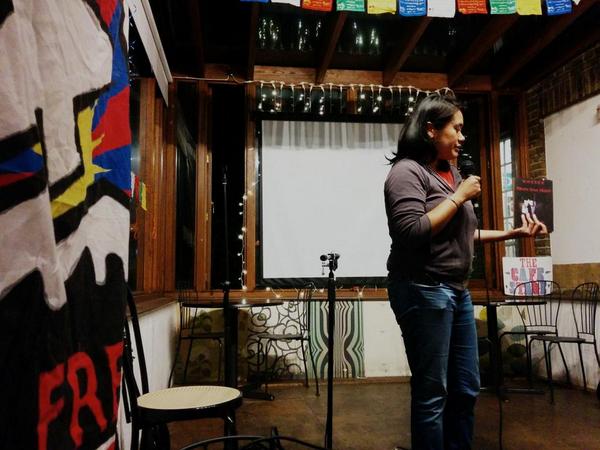SFTUK's tweet photo. Dechen Pemba of @hpeaks introduces a special video msg frm @degewa &amp; video of #Tibetan singer Gebey @The_GalleryCafe! http://t.co/s8YDtQLjUM