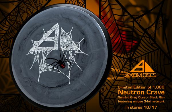 AxiomDiscs's tweet image. 3-color hotstamp. Swirled gray core. Black rim. Spiders can fly?.. TERRIFYING! Halloween Crave 10/17 #discgolf