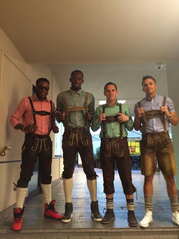 usainbolt's tweet photo. Oktoberfest here we come @SimmsRicky @JohnSteffensen #NJ    #Lederhosen #Munich http://t.co/K4g5g9gZ8b