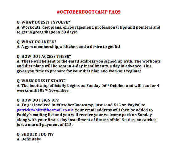 PaddyWhitePT's tweet image. Any other questions about #OctoberBootcamp? Here's some FAQs!