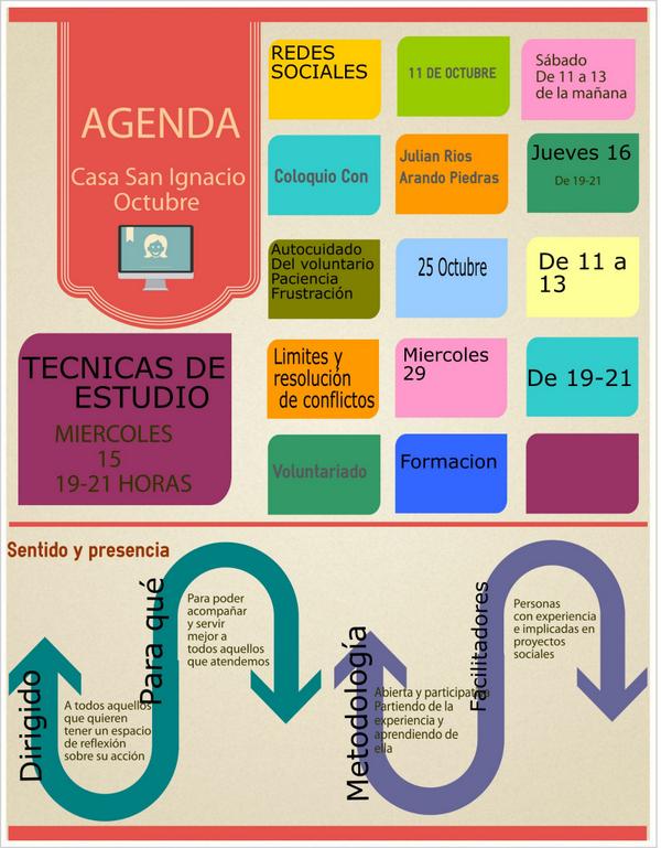 CasaSanIgnacio's tweet photo. Primera agenda de actividades de la casa San Ignacio para el mes de octubre... http://t.co/v8RRgP5Cne