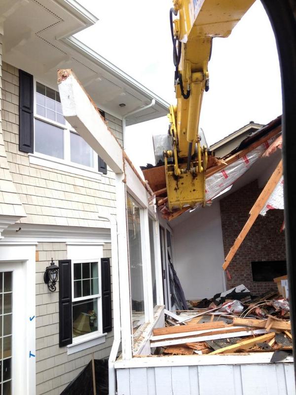 ImpDemolition's tweet image. Imperial Demolition surgically demos old house 2" from $3 million mansion, saving old growth beams per owners request