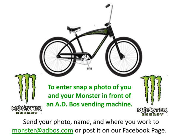 adbosvending's tweet photo. Only a few days left for your chance to win a Monster Energy Cruiser Bike - Submit your final entries soon! http://t.co/zjc8GhnZVD