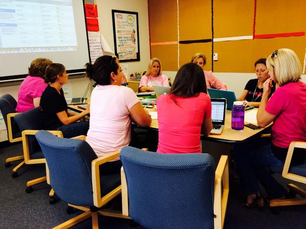 First grade teachers wearing pink and problem solving! #vesstaffrocks