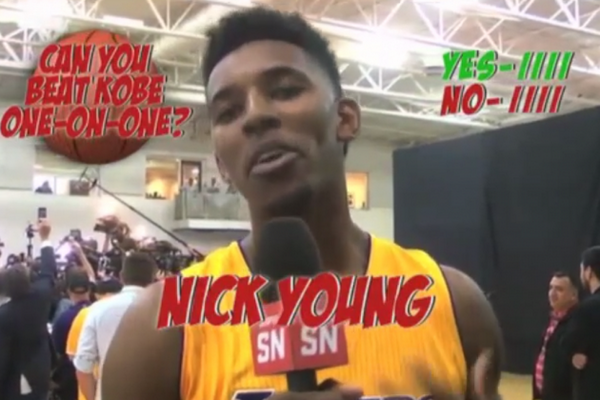 BleacherReport's tweet photo. VIDEO: Nick Young when asked if he can beat Kobe one-on-one: “Deep down, I think we both know” http://t.co/OR5RlJ2qoz http://t.co/MOtkdyeOU5