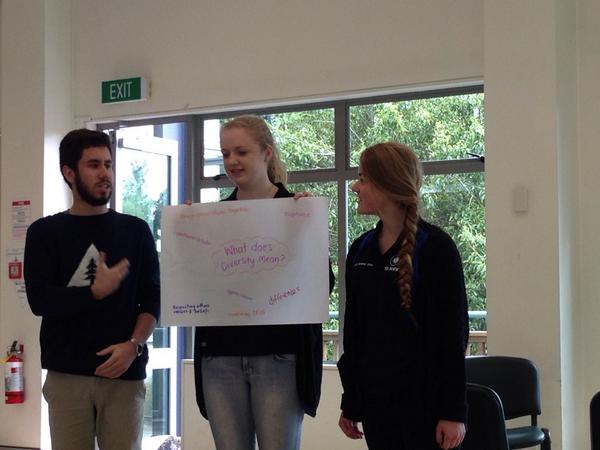 Myself, @iamjessgrant and Ella McLean presenting our groups ideas on diversity #SJYThinkTank14 coming together as 1!