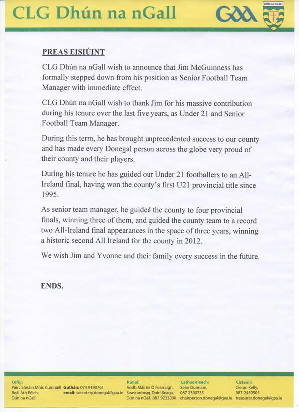 Jim McGuinness steps down as Manager of the Donegal Senior Football Team: Statement Attached.